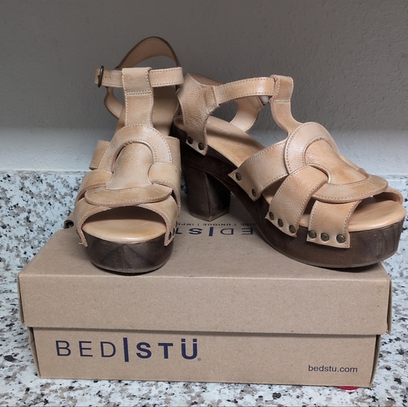 BedStu Caitlin Platform Sandals Tan Sz 10 Genuine Leather Heels - Picture 6 of 13